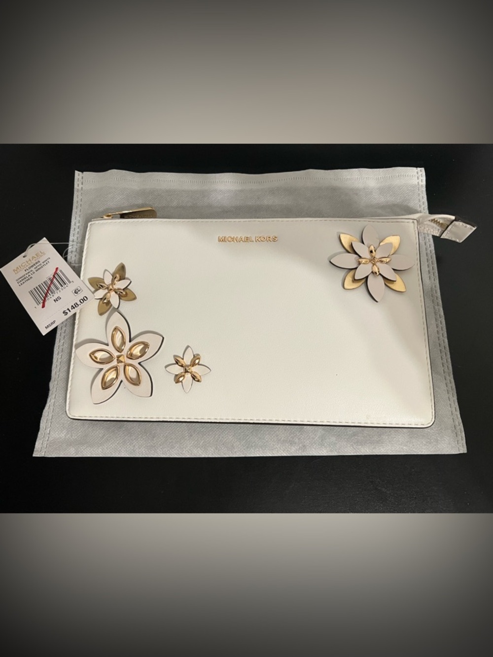 MICHAEL KORS Daniela  White Leather Floral Appliqué Wristlet with Gold Accents
